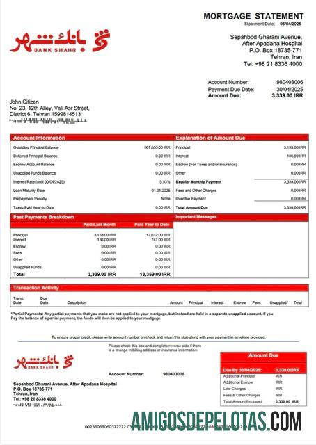 em branco Modelo Word e PDF de declaração de hipoteca do Banco do Irã Shahr